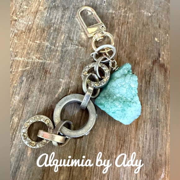 Gold and raw green aventurine drusy Keychain with Stone Accent bag charm - Picture 1 of 3